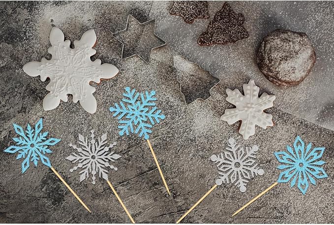 24PCS Glitter Snowflake Cupcake Toppers for Snowflake Decorations, Frozen Snowflake Cake Topper, Christmas Snowflake Cake Picks for Winter Decorations (Blue)