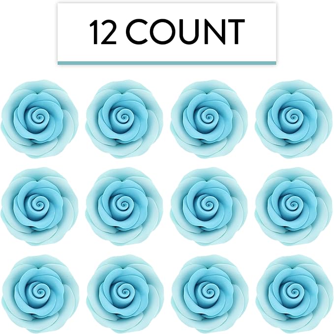 Global Sugar Art Premium Edible Roses, Light Blue, Unwired, Medium 1.5 inches, 12 Count by Chef Alan Tetreault