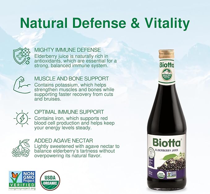 Biotta Organic Elderberry Juice - Naturally Sweetened Fruit Juice For Optimal Immune Support Function - With Immunity Boosting Elderberries - Good Source of Potassium (16.9 Fl Oz, Pk of 6)