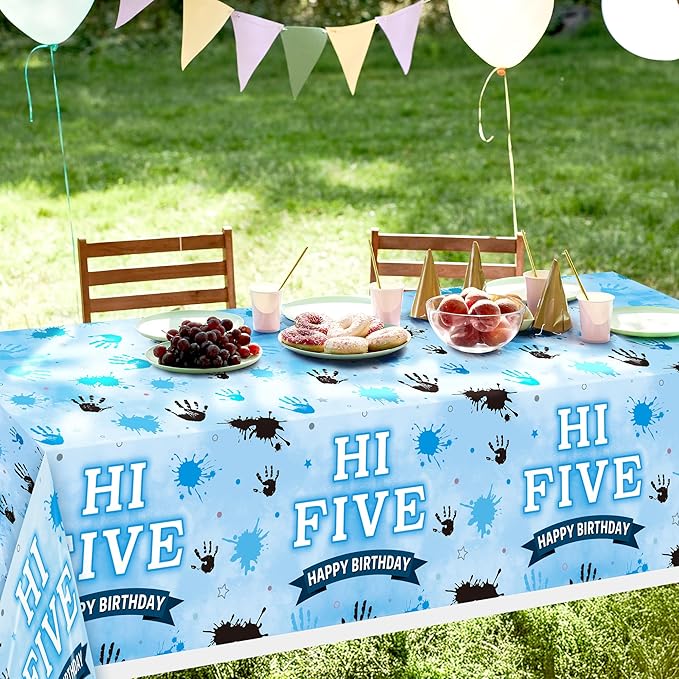 3Pcs Hi Five Party Tablecloths - Blue High 5 Year Old Party Table Covers Decorations 5th Birthday Rectangular Plastic Disposable Table Cloth Decor for Kids Five Years Old Birthday Baby Shower Supplies