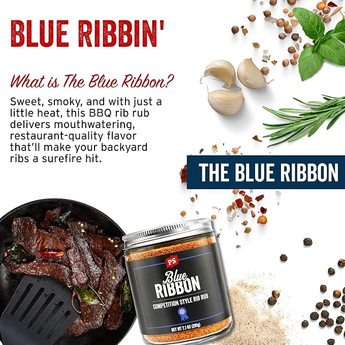 PS Seasoning Blue Ribbon Rib Rub - Sweet and Smoky Competition Style BBQ Seasoning for Smoking and Grilling - Kansas City Spice Blend and Dry BBQ Rub for Prime Rib, Steaks, Pork, Chicken, Beef Brisket