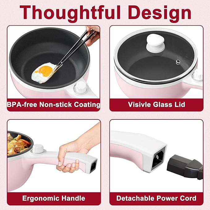 Dezin Hot Pot Electric Upgraded, Non-Stick Saut챕 Pan, Rapid Noodles Electric Pot, 1.5L Mini Portable Hot Pot for Steak, Egg, Fried Rice, Ramen, Oatmeal, Soup with Power Adjustment