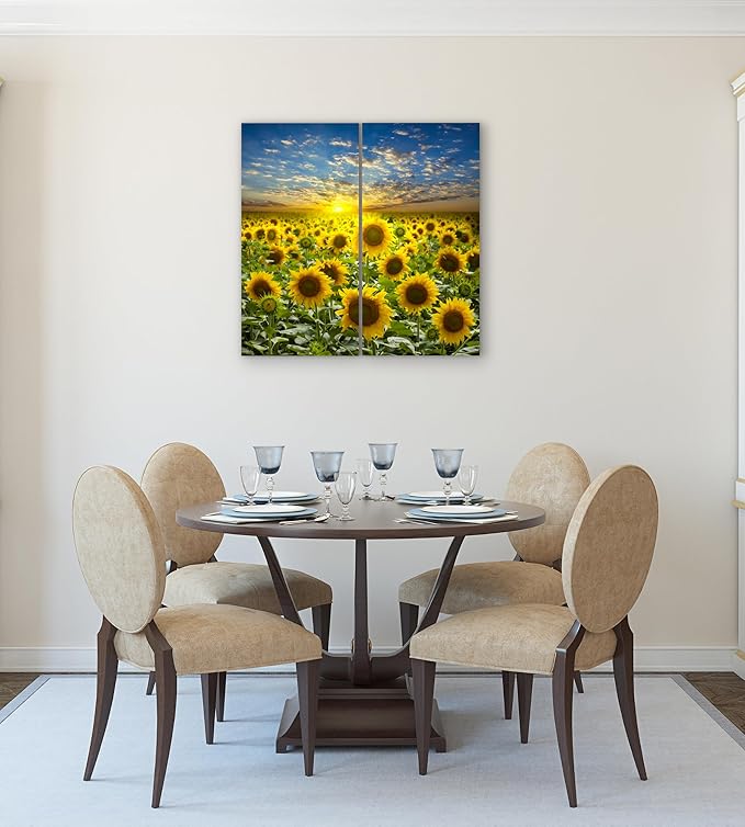 Sunflower Canvas Wall Art Decor - 2 Piece Set, Decorative Multi Panel Split Prints - Flower Field Landscape Picture for Living Room, Kitchen, Bedroom, Office & Home Decor Gift