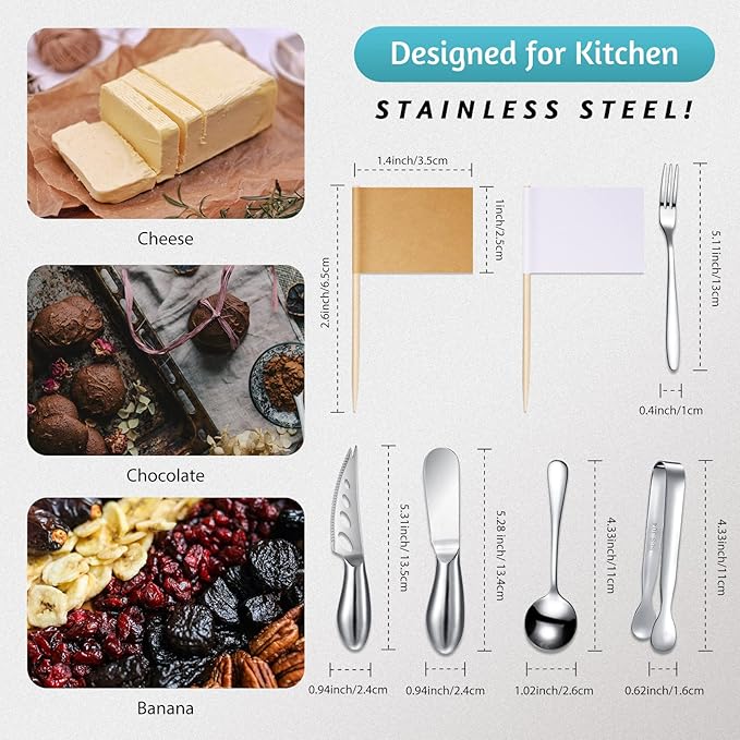 Patelai Charcuterie Board Accessories Cheese Spreader Knife Set Charcuterie Utensils Butter Knife Stainless Steel Mini Serving Tongs Spoons Appetizer Forks for Pastry Christmas(Silver,18 Pieces)