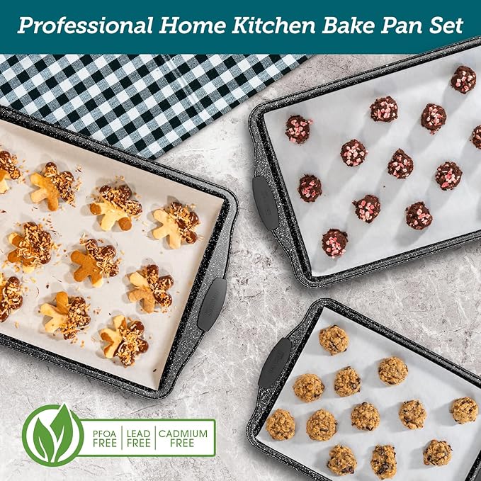 BAKKEN Cookie Sheets for Baking Nonstick Set - 3-Piece Stackable Carbon Steel Baking Sheet Pans Set with Silicone Handles, Non Toxic Cookie Sheets for Baking Bakeware Set - Gray Marble