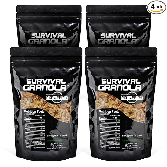Survival Grocery Organic Ancient Grain Survival Granola??- Gluten Free, Non-GMO, No Added Sugar, High Protein Snack With Nuts, Seeds, Coconut, and Honey - Ideal for Breakfast, Cereal, Yogurt, or Snack (74.80 oz./4 Bags)