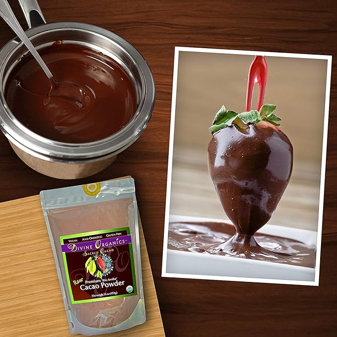 Divine Organics Raw Cacao Powder/Raw Cocoa Powder - Certified Organic - Premium Rio Arriba - Smoothies, Hot Chocolate, Baking, Shakes, Add to Coffee - Rich in Magnesium (16oz)