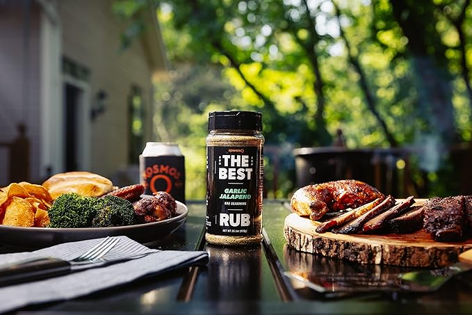 Kosmos Q The Best Garlic Jalapeno Rub, Garlic Jalapeno Pepper Seasoning & BBQ Dry Rub For Chicken, Shrimp, Wings, Salmon, Grilled Veggies & More, Bold Savory BBQ Spice Blend, 15.1 Oz Shaker Bottle