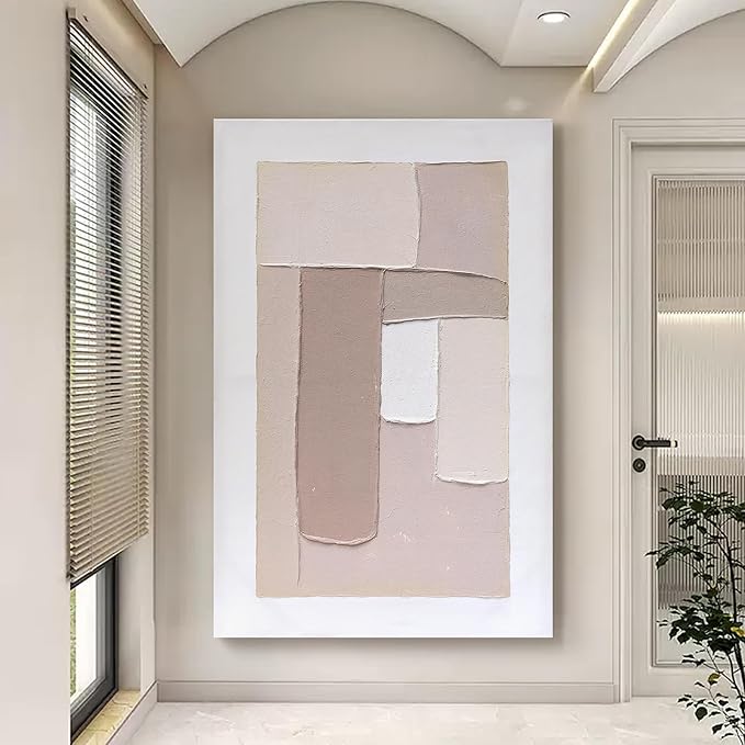 Artaanchuil Large Abstract Hand Painted Oil Painting - Beige White Textured Canvas Wall Art Geometry 30x45 Inch Vertical MInimalist Artwork for Living Room Wall Decor