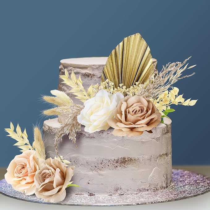 Tallew 28 Pcs Boho Cake Topper Decorations Vintage Artificial Rose Flowers Palm Leaves for Cake Decorating Kit Dried Faux Flower Decor for Bohemian Wedding Baby Shower Birthday Party Supplies
