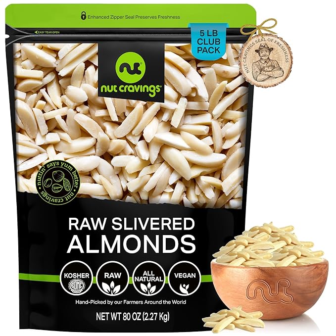 NUT CRAVINGS - Raw Slivered Almonds, Unsalted, (80oz - 5 LB) Packed Fresh in Resealable Bag - Nut Snack - Food Assortments Ideal for Trail Mixed Nuts