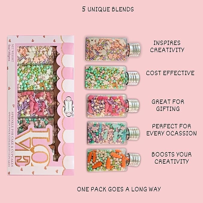 Confect Spring Sprinkle Mix ??5-Pack Bunny-Themed Edible Sprinkles | Pink, White & Blue with Stars, Pearls & Vermicelli | Perfect for Cakes, Cupcakes, Cookies & Baking | Vegan, Gluten-Free, Nut-Free, Soy-Free, Dairy-Free, Palm Oil-Free- 5 Oz