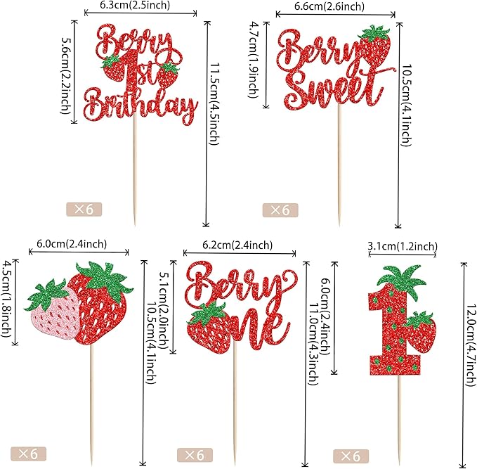 30 Pack Sweet One Cupcake Toppers Glitter First Birthday Strawberry Cupcake Picks for Fruit Baby Shower 1st Birthday Berry One Sweet Cake Decorations Party Supplies Red