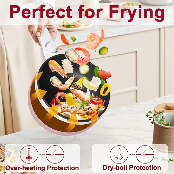 Dezin Hot Pot Electric with Steamer Upgraded, Non-Stick Saut챕 Pan, Rapid Noodles Electric Pot, 1.5L Mini Pot for Steak, Egg, Fried Rice, Ramen, Oatmeal, Soup with Power Adjustment