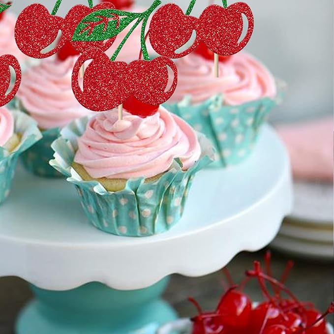 24 Pack Cherry Cupcake Toppers Glitter Red Cherry Cupcake Picks for Fruit Cherry Theme Baby Shower Bridal Shower Birthday Party Cupcake Decorations Supplies