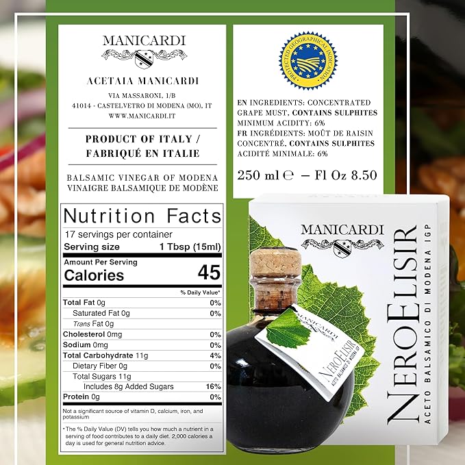 MANICARDI Dense Traditional Balsamic Vinegar of Modena PGI - Extra Thick Italian Black Elisir Perfect for Snacks, Pasta, Vegetables, Salad Dressings, Meat - Made in Italy, 8.45 Fl Oz (250 ml)