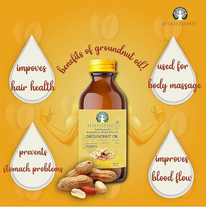 AYUREVDASHREE Cold Pressed Peanut Oil 3.38 fl oz. | Perfect for Deep Frying, High Heat Cooking, Adding to Noodles, Stir-Fries | Wood Pressed Groundnut Oil