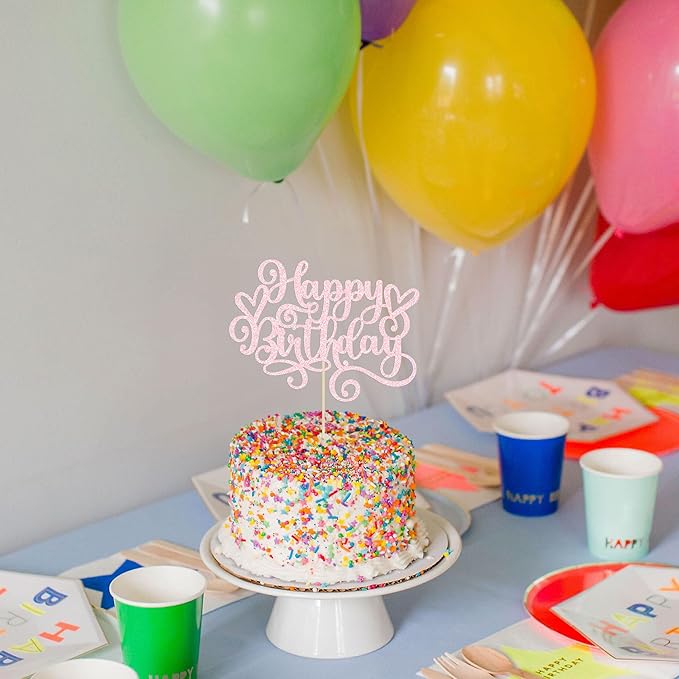 Gyufise 1Pcs Happy Birthday Cake Topper Glitter Cake Pick Bunting Decor for Anniversary Celebrating Party Cake Decorations Supplies Light Pink