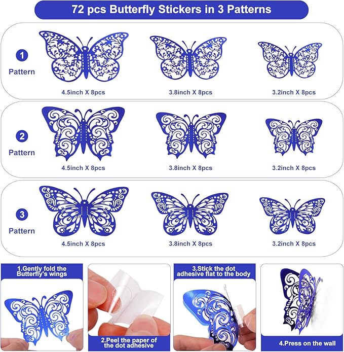 72 Pcs Butterfly Decorations - 3 Sizes, 3 Styles, 3D Wall Decor, Party & Birthday Decor, Blue