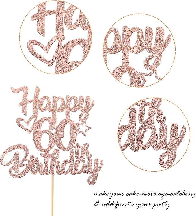 1 Pack Happy 60th Birthday Cake Topper Glitter Heart Star 60 Fabulous Cake Pick Birthday Sign Cake Decorations for Children 60th Birthday Theme Party Supplies Rose Gold