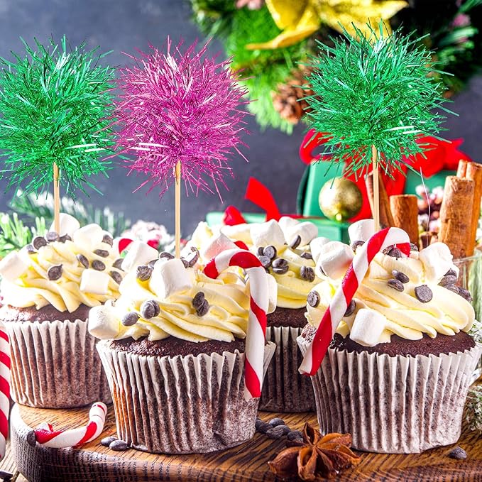 Chinco 100 Pcs Foil Firework Cupcake Toppers Sparkle Tinsel Cake Toppers Cake Decoration Cocktail Fruit Toothpick for Birthday Wedding Graduation Party(Pink, Green)