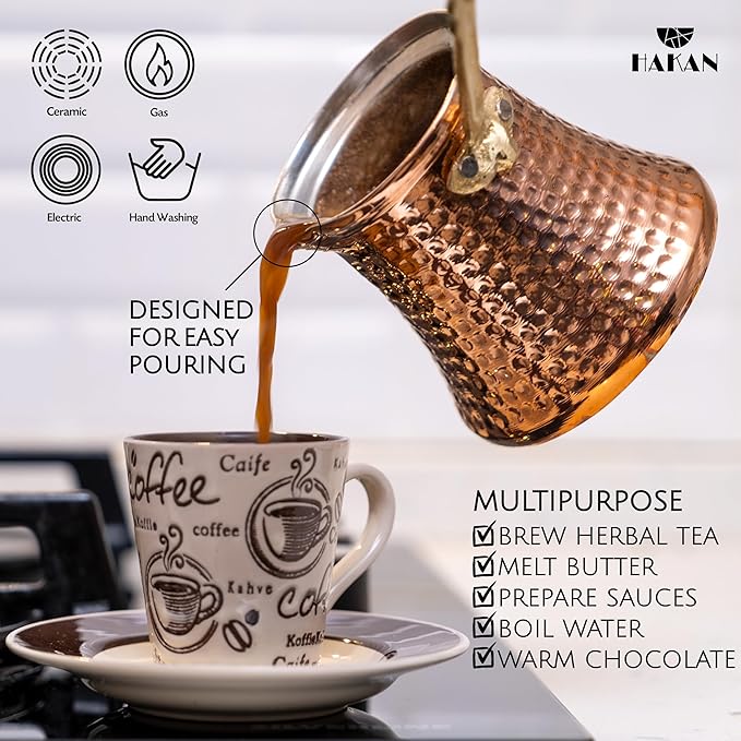 Hakan Turkish Coffee Pot | Stove Top Water Boiler, Coffee Maker, Butter, Chocolate & Milk Warmer | Even and Quick Heat with Handcrafted Copper Material | Coffee Gifts Idea, 16 Oz (475 cc)