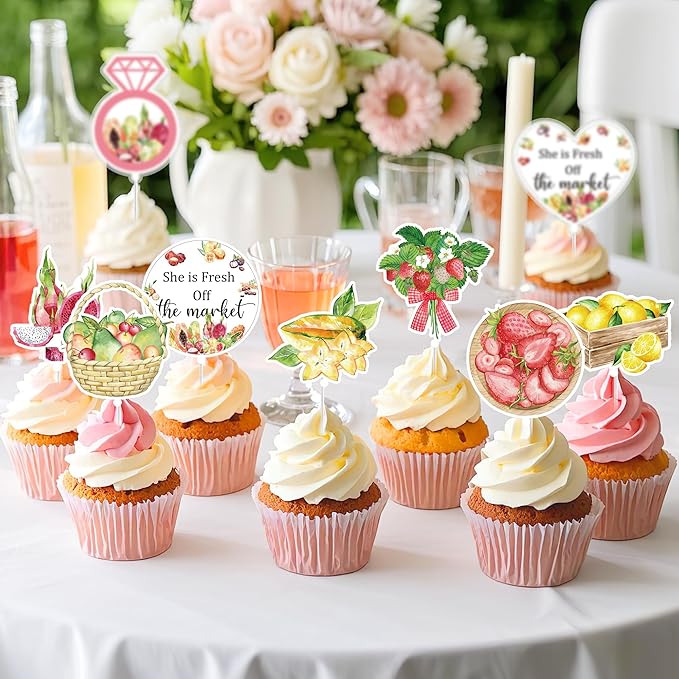 24Pcs Farmer Market Bridal Shower Cupcake Toppers, She is Fresh Off The Market Cupcake Decorations, Fruit Bridal Shower Party Supplies, Bachelorette Decor
