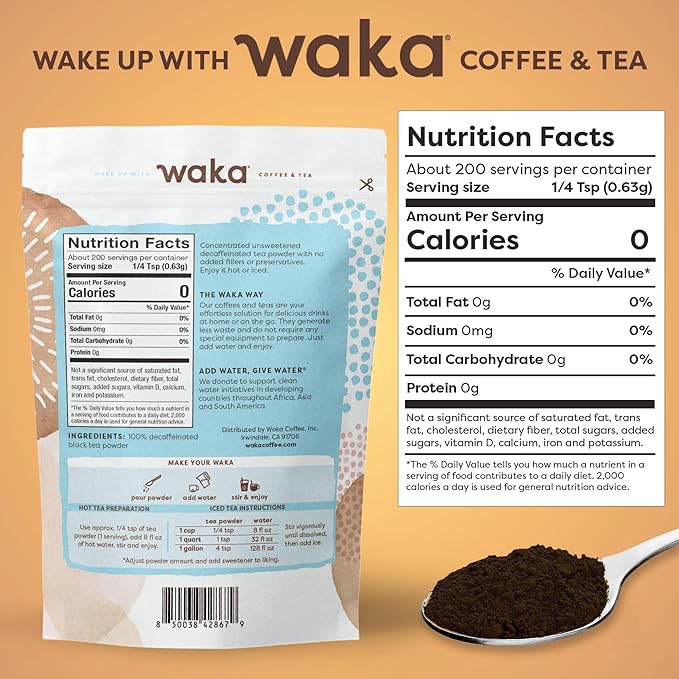 Waka Instant Black Tea Mix Pouch, Decaffeinated - 100% Tea Leaves, No Additives, Unsweetened Tea Powder for 50 Quarts or 200 Cups ??Easy Quick Hot and Iced Teas (4.5oz)
