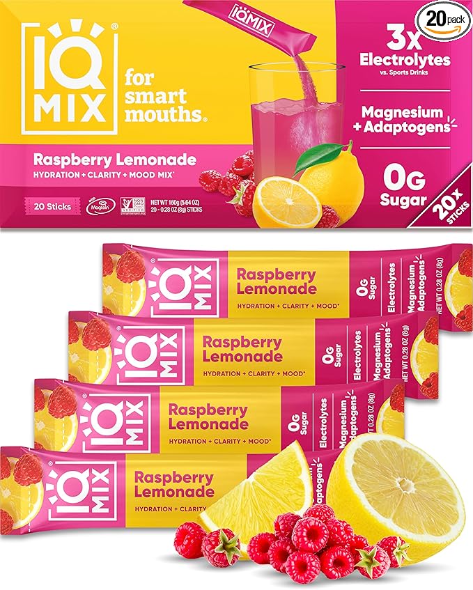 IQMIX Hydration Electrolyte Powder ??4-in-1 Formula for Hydration, Mental Clarity, Mood and Recovery ??Sugar-Free Drink Mix, Keto, Magnesium L-Threonate, Lion?™s Mane ??20 Count New Raspberry Lemonade