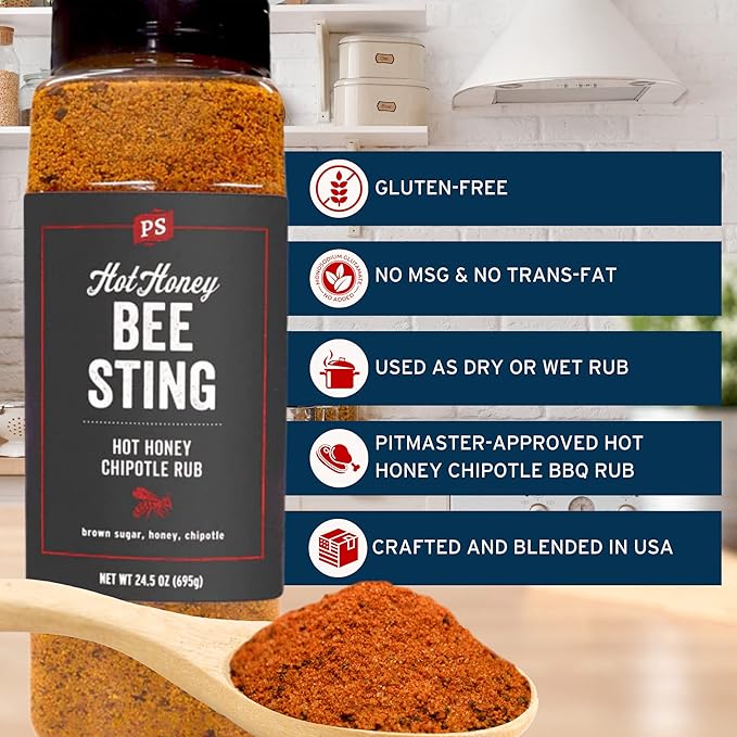 PS Seasoning Bee Sting - Hot Honey Chipotle BBQ Seasoning & Rubs for Smoking, Grilling, Baking - Sweet & Spicy Chipotle Flavor, Dry BBQ Rubs and Spices for Grilling Steaks, Pork, Chicken, Beef, 24.5oz