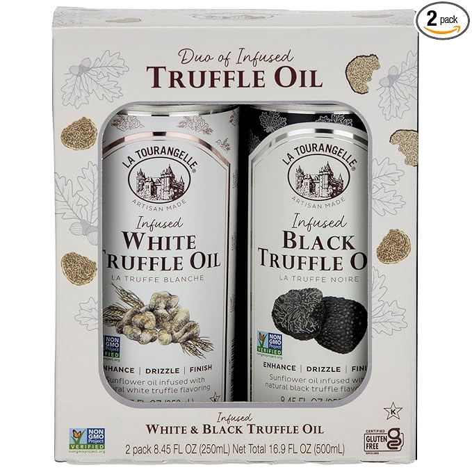 La Tourangelle, White Truffle Oil & Black Truffle Oil Set, Complex Gourmet Earthy Flavor for Drizzling over Pasta, Popcorn, Vegetables, Potatoes, Soup and More, Gift Box, 8.45 Fl Oz Each (Set of 2)
