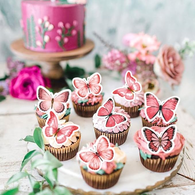48Pcs Edible Butterfly Cupcake Toppers Double Layer Butterfly Decorations for Women's Happy Birthday Cake Decorations Party Decorations