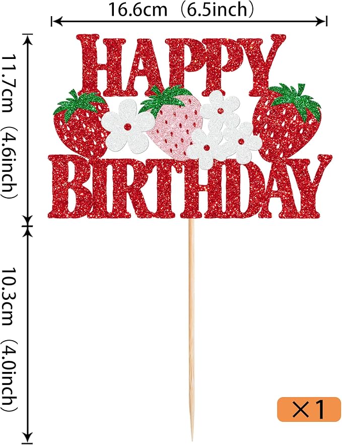 1 Pack Strawberry Happy Birthday Cake Topper Red Glitter Flower Strawberry Cake Pick for Fruit Theme Baby Shower Kids Birthday Party Strawberry Party Cake Decorations Supplies