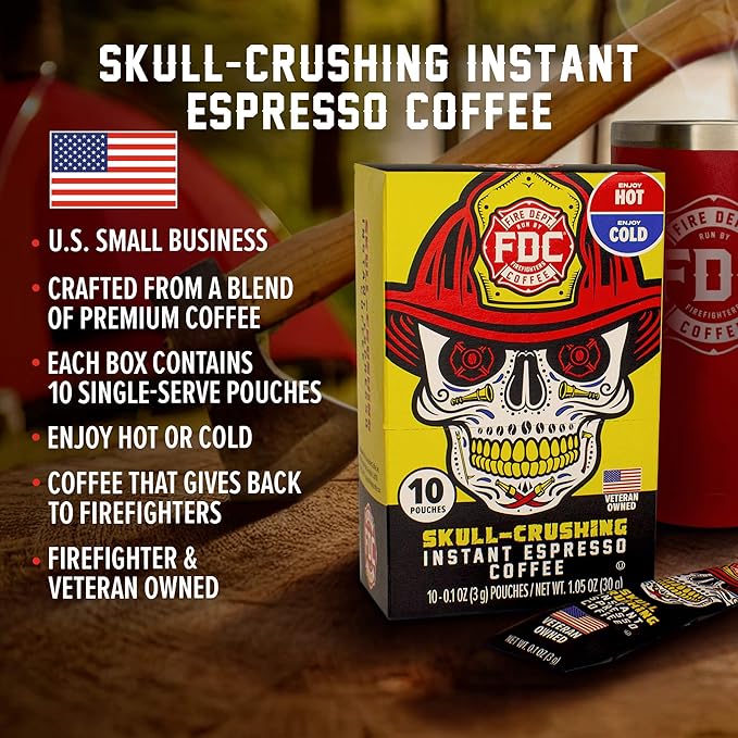 Fire Department Coffee - Skull Crushing Instant Espresso Coffee - Instant Coffee Packets Single Serve - Gives Back to Firefighters - Veteran Owned - Enjoy Hot or Cold (Pack of 10)