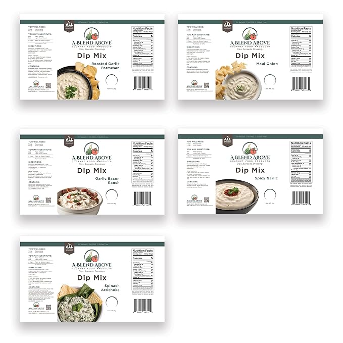 A Blend Above Dip Mix 5 Pack Includes Roasted garlic Parmesan, Maui Onion, Garlic Bacon Ranch, Spicy Garlic, and Spinach Artichoke, Gluten-Free, No MSG, All Natural, No Preservatives, Vegetable Dip, Keto Friendly, Low Carb, Low Sodium, Easy to Make