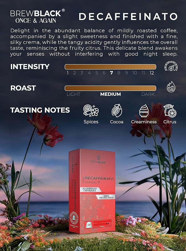 BrewBlack Decaffeinato Coffee Capsules - 120 Aluminum Coffee Pods Compatible with Nespresso Original line, Medium Roast - Intensity 7/12, Made in Italy