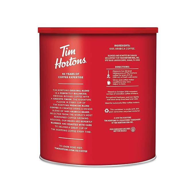 Tim Hortons Original Blend, Medium Roast Ground Coffee, Canada???Favorite Coffee, Made with 100% Arabica Beans, 48 Ounce Canister