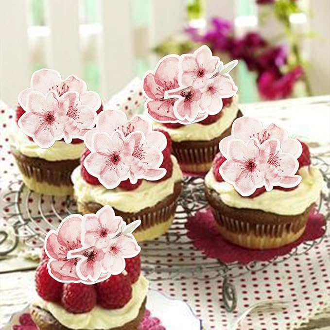 60 Pack Edible Cherry Blossom Cupcake Toppers Cherry Flowers Cake Toppers Rice Paper Wafer Paper Cake Picks for Cherry Blossom Bridal Shower Baby Shower Kids Birthday Cake Decorations Color 2