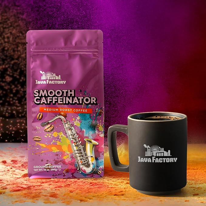 Java Factory Smooth Caffeinator Flavored Ground Coffee Bag ??Medium Roast Brew, Made with 100% Arabica Beans, 10 Oz