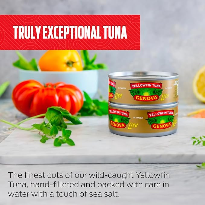 Genova Premium Lite Yellowfin Tuna in Water, Wild Caught, Solid Light, 5 oz. Can (Pack of 12)