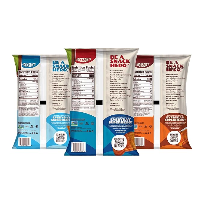 Jackson???Sweet Potato Kettle Chips Avocado Oil Variety Pack made with Premium Oils (7oz, Pack of 6) Sea Salt, Ranch and BBQ Flavors - Allergen-friendly, Gluten Free, Vegan
