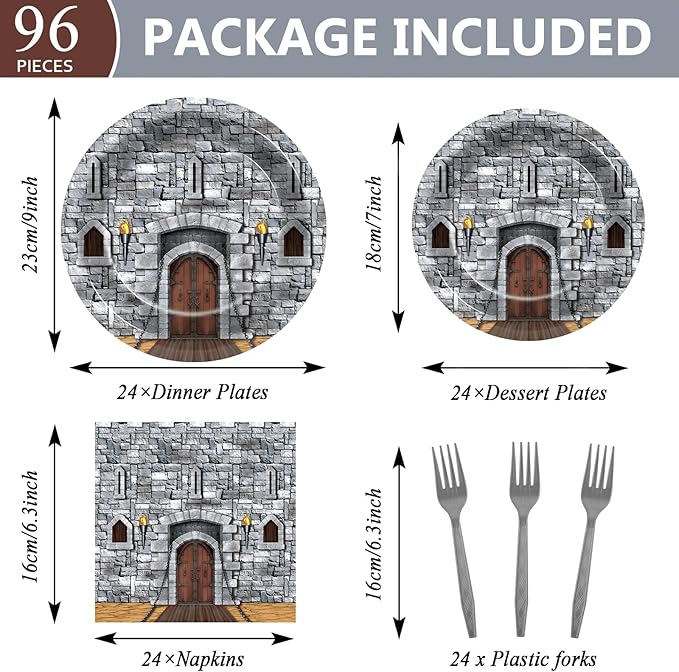 96PCS Medieval Party Plates and Napkin Castle Party Decorations Castle Knight Birthday Party Dessert Plates Medieval Themed Tableware Set for 24 Guests Kids Birthday Baby Shower Party Supplies
