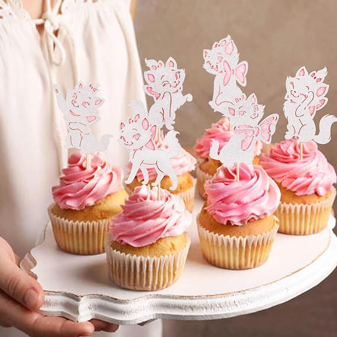 24PCS Cat Cupcake Toppers Shiny Pink Cat Baby Shower Cupcake Selection Cute Cat Theme Princess Theme Bridal Shower Wedding Anniversary Party Decoration Pink