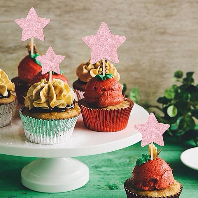 30 PCS Star Cupcake Toppers Glitter Assembled Twinkle Star Cupcake Picks Wedding Engagement Bridal Shower Birthday Party Cake Decorations Supplies Mixed Size Light Pink