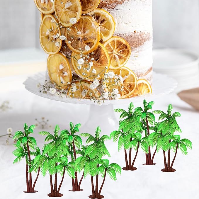 12 Pack Plastic Palm Tree Cupcake Toppers Miniature Palm Tree Figurines Cupcake Picks Micro Aquarium Garden Plant Building Landscape Coconuts Birthday Cake Decorations Party Supplies Green