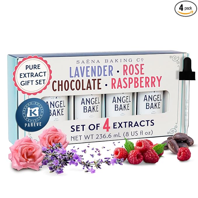 Pure Chocolate, Oregon Raspberry, Bulgarian Rose & Lavender Extract Set ??Gift for Bakers & Home Chefs ??Desserts & Beverages??Kosher, Keto Friendly, Vegan (4 Pack, 2oz Extracts w/ Latex-Free Dropper)