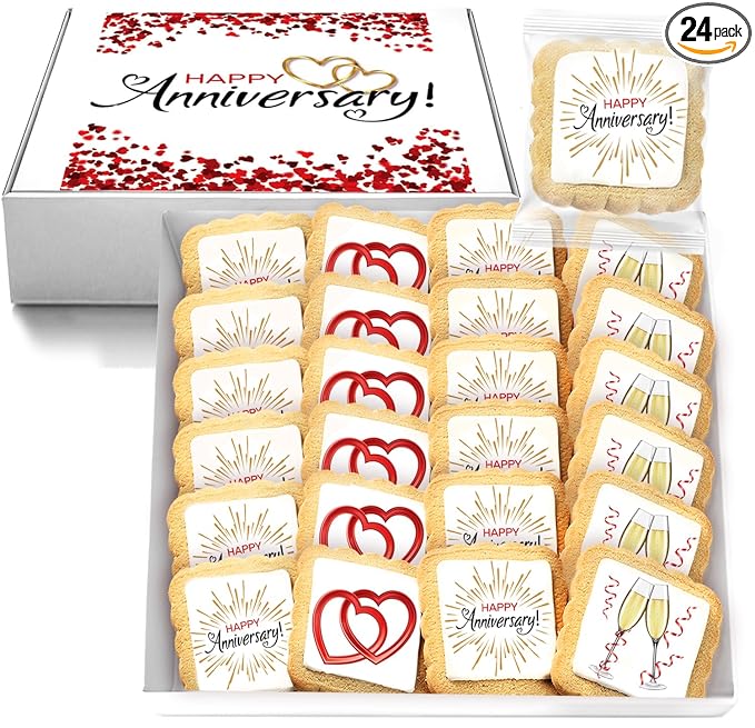Happy Anniversary Cookies Party Favors | 24 PACK | Dessert Reception Decorated Treats Individually Wrapped Sugar Cookie Gift Basket