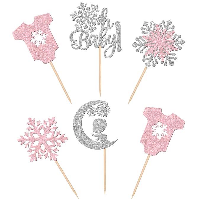 30 PCS Snowflake Oh Baby Cupcake Toppers Glitter Winter Sweater Moon Snowflake Cupcake Picks It's a Girl Cake Decorations for Baby Shower Kids Birthday Christmas Party Supplies Silver Pink