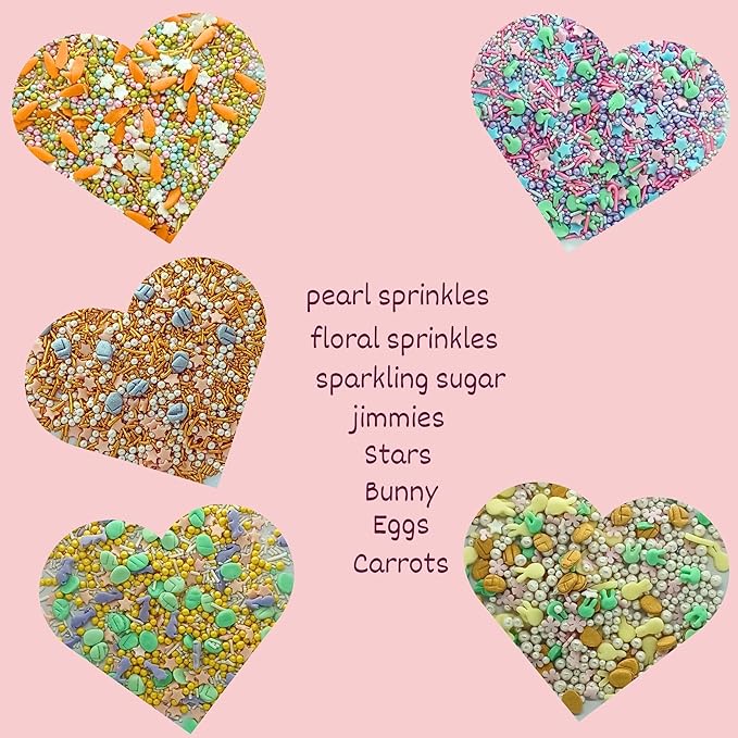 Confect Easter Sprinkles Edible | Assorted pack of 5 White, Pink and Gold Pearls, vermicelli , Easter Bunny & Stars I Cookies, Desserts & cupcake Decorating | Edible Sprinkles Mix for Baking & Cake
