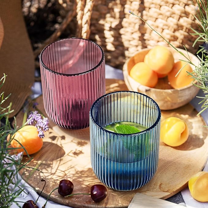 Joeyan Vintage Small Drinking Glasses,Ribbed Colored Water Cocktail Tumblers Cups,Beer Wine Juice Milk Beverages Glassware,9 oz,Set of 4,Dishwasher Safe